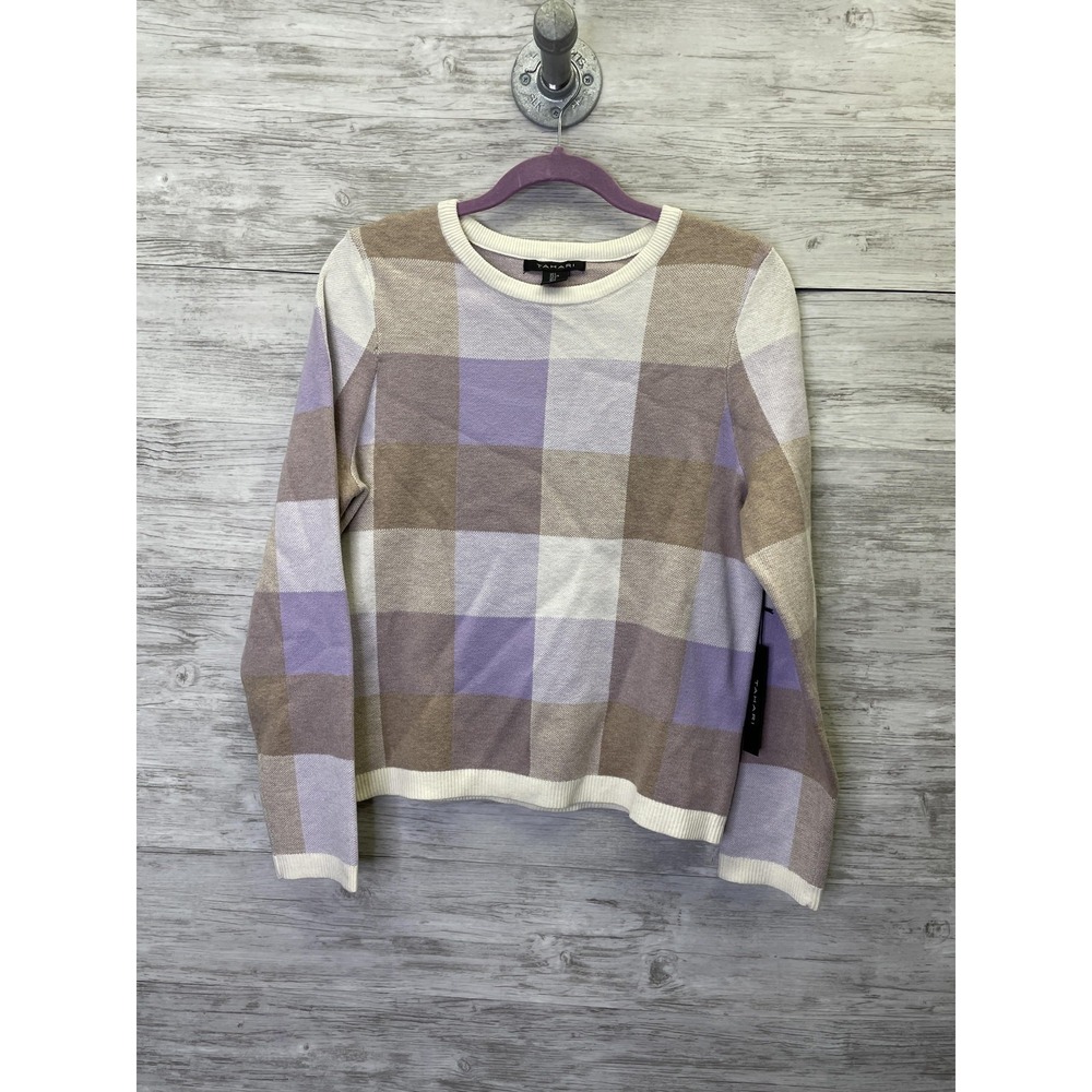 Tahari Womens Multicolor Check‎ Pullover Sweater Crewneck Lavender Taupe L 7811